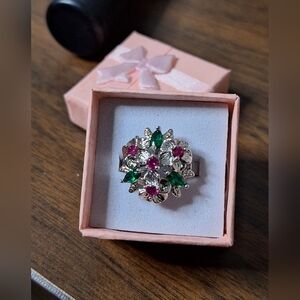 Swarovski Crystal Floral Cluster Ring Pink Green Silver Tone Size 8